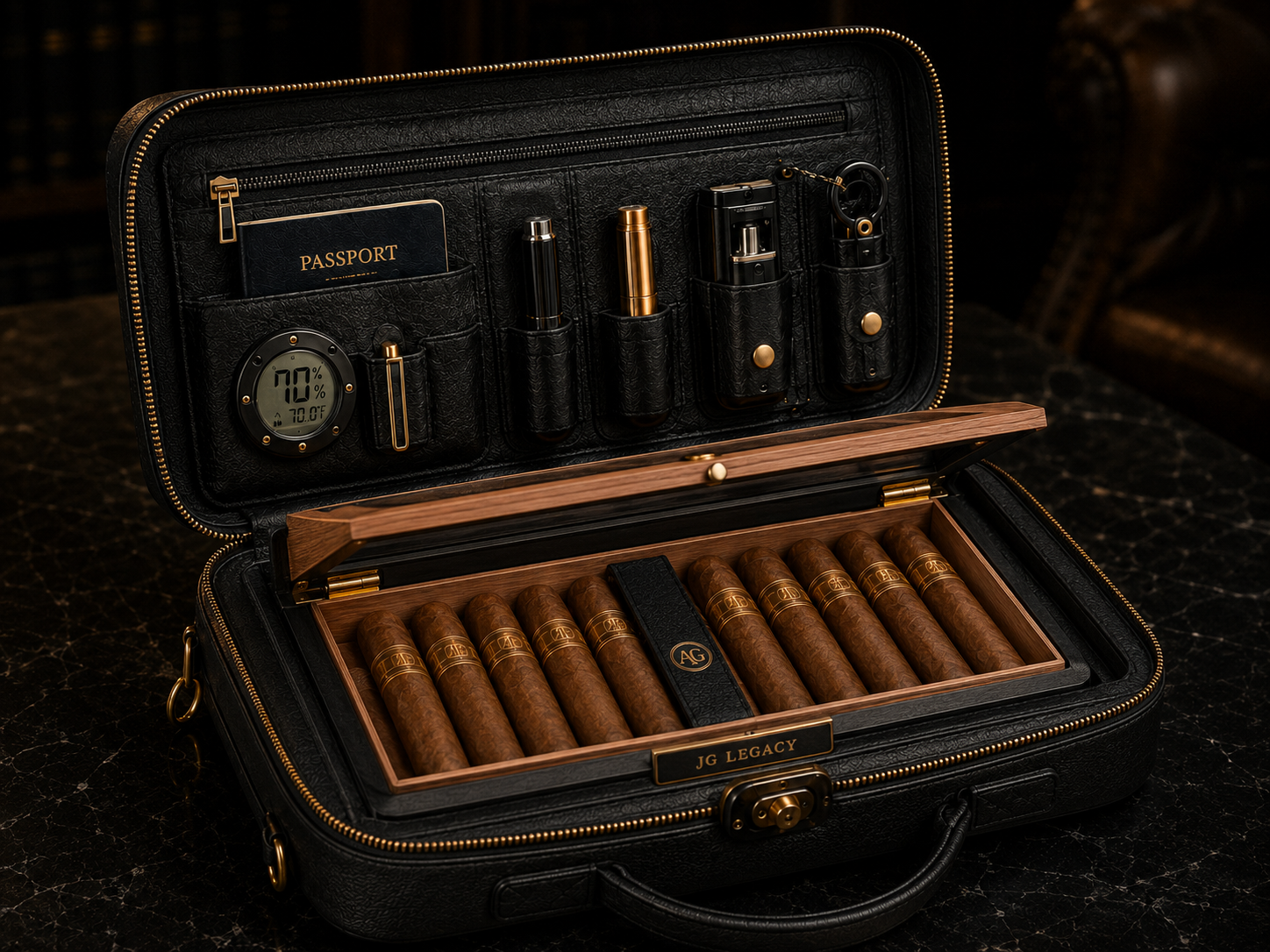 JG Legacy Premium Travel Humidor Bag | Luxury Cigar Bag with Cedar Humidor Insert & Digital Hygrometer | Holds 10+ Cigars - Image 2