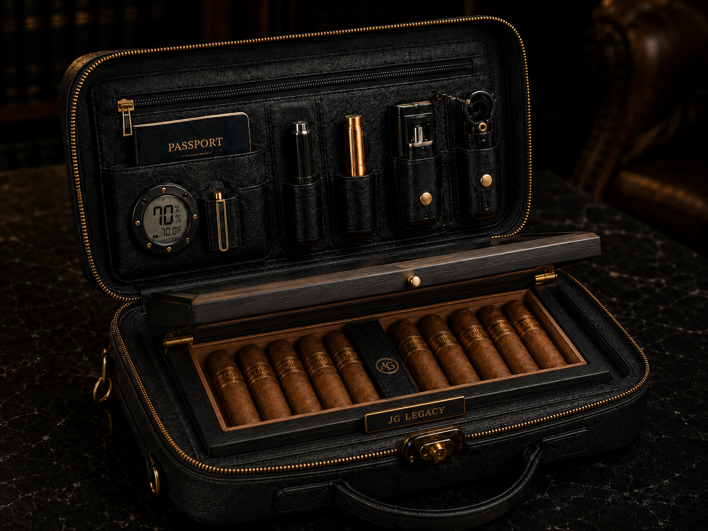 JG Legacy Premium Travel Humidor Bag | Luxury Cigar Bag with Cedar Humidor Insert & Digital Hygrometer | Holds 10+ Cigars - Image 5